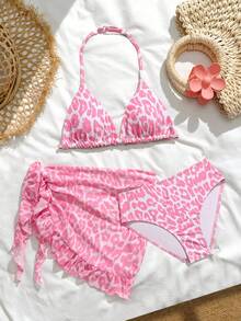 SHEIN 3件套少女泳衣，粉色豹纹印花，休闲度假风，适合海滩、夏季假期、游泳派对、泳池、河流等场合。 - 粉色 - 查看 1