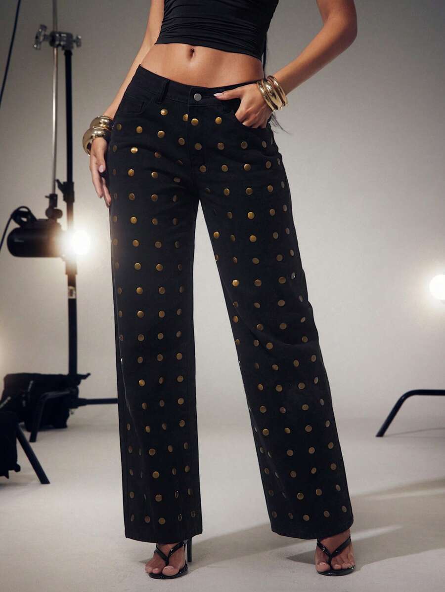 Denimoi Celana Jeans Denim Potongan Lurus dengan Detail Stud Emas, Modis, Musim Gugur dan Musim Dingin - Hitam - View 1