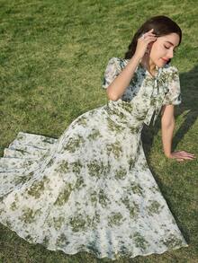 Modelyn Floral Print Elegant Short Sleeve Tie Collar Ruched Waist Dress For Women - Green - View 8