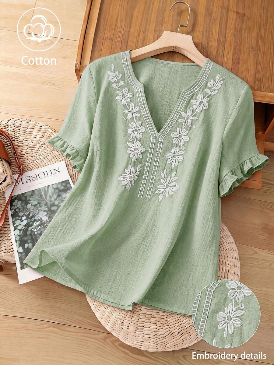 Linhara Plus Size Women Casual Minimalist Countryside Style Small V-Neck, Cotton Bordir Fashion Ruffle Cuff Loose Blouse - Hijau - View 1