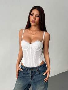 SHEIN PETITE 女款細肩帶蕾絲拼接黑色緊身胸衣上衣 性感新年連身衣 新年女裝 緊身胸衣上衣 小碼女款 - 白色 - 查看 3
