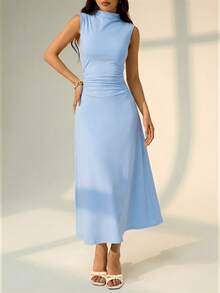 sfvsSHEIN PETITE Vestido largo de línea A con cuello mao sin mangas y fruncido, nuevo para el Día de San Valentín.Elegante y romántico para citas y trabajo, vestidos de verano para mujeresvfdw CIFA - Celeste - Ver 5