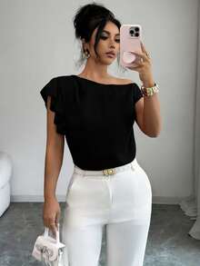 Rafferiza Blusa elegante y sexy con hombro descubierto, con volantes y corte asimétrico en el hombro - Negro - Ver 5