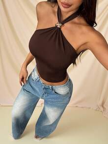 SHEIN PETITE 女款純色金屬裝飾時尚修身掛脖上衣，適合演唱會、節慶派對，夏季上衣，適合嬌小女性 - 咖啡棕 - 查看 7