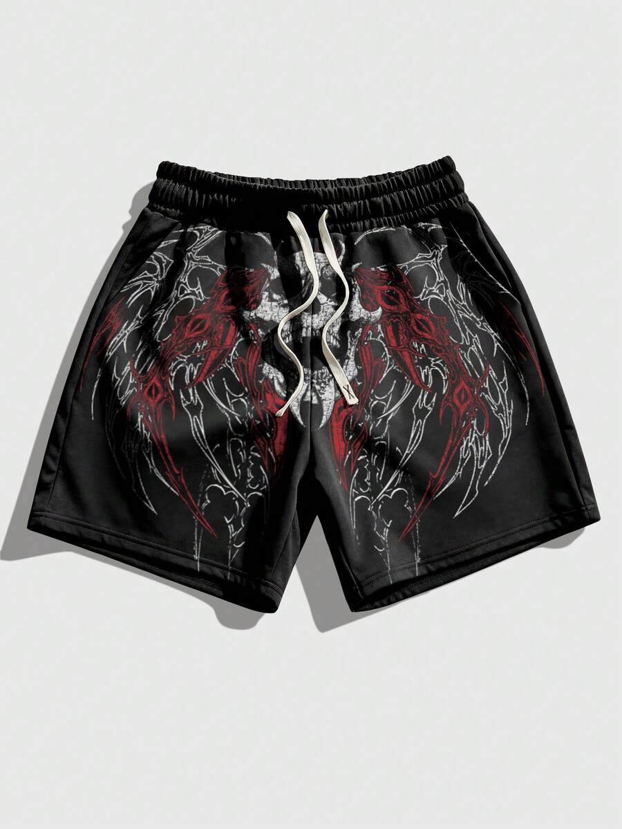 ROMWE MEN Men's Elastic Waist Drawstring Color Block Fashion Print Summer Shorts - Black - View 1