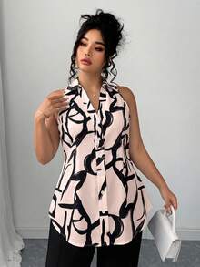 SHEIN Clasi 大码女式春夏休闲优雅条纹开襟收腰A字弧形下摆无袖衬衫 - 粉色 - 查看 3