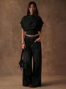 SHEIN BAE Camiseta corta de mujer de unicolor con mangas de murciélago minimalista - Negro - Ver 7