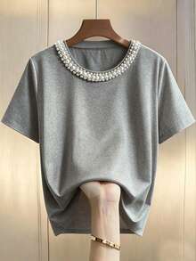 GlowEve CURVE Plus Size Women Pearl Decor Round Neck Short Sleeve T-Shirt - Grey - View 1