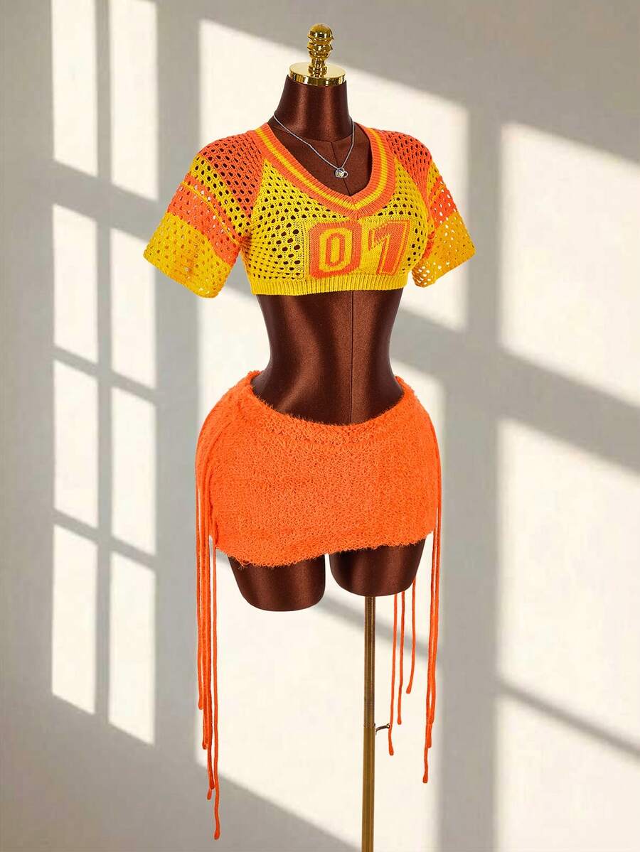 Amplova Women's Fashion Sexy Cropped Sweater Top & Mini Skirt 2 Pieces Set - Orange - View 1