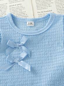 SHEIN 2pcs/Baby Girls Cute Summer Set Light Blue Flutter Sleeve Round-Neck Top & Bow Jeans Family Matching Outing Outfit - Baby Blue - View 6