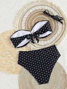 Swim Chiccia Bộ bikini nữ kiểu dáng dễ thương, họa tiết chấm bi, in hình trang sức kim loại, thích hợp cho lễ hội âm nhạc bãi biển mùa xuân/hè, kiểu dáng thời trang với phần lưng nhăn và cạp cao. - Nhiều màu - Xem 2