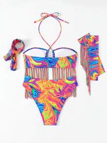 SHEIN Swim 夏季海滩全印花交叉吊带比基尼套装性感泳衣泳装套装 - 彩色 - 查看 4