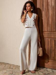 SHEIN Conjunto de chaleco y pantalón de punto con botones y bordado floral detallado para mujer - Blanco - Ver 6