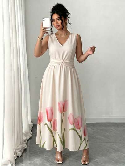 GlowEve CURVE Tulip Print V-Neck Twist Waist Sleeveless Dress, A-Line Flowy Dress Suitable For Spring Garden Picnic, French Cafe Check-In, Valentine's Date, Commute Outfit, Elegant Vibe