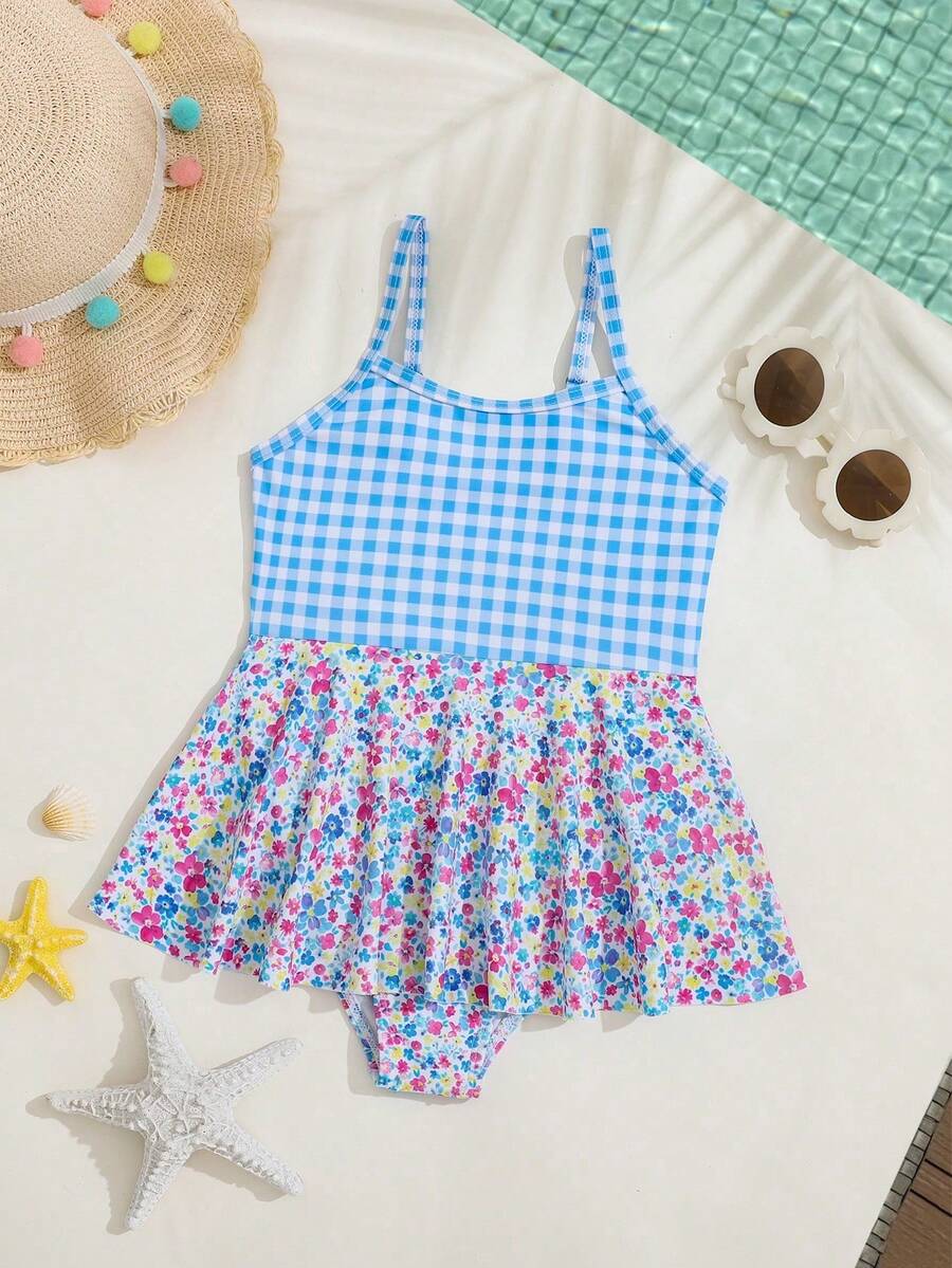 SHEIN Playful Pals 1 pieza Traje de baño de una sola pieza con volantes, estampado floral y cuadros azules para niñas, adecuado para playa, piscina, , vacaciones, verano, viajes - Multicolor - Ver 1