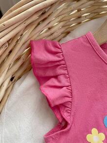SHEIN 2件套女童套装，包括一件玫红色圆领短袖碎花印花T恤和一条向日葵印花长裤，休闲宽松，适合日常穿着，春夏皆宜，也适合夏季街头风、校园运动、户外野餐、街拍、居家等场合。 - 玫紅色 - 查看 5