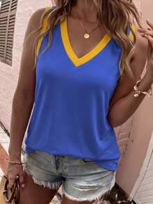 EMERY ROSE New Fashion Retro Casual Basic V-Neck Colorblock Plus Size Tank Top - Multicolor - View 1