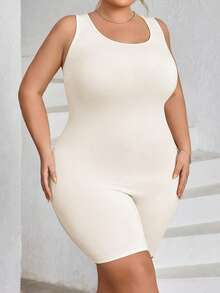 SHEIN CURVE+ 大码女士无缝塑身衣，胸部和臀部提拉 - 腹部、腰部和大腿塑形连体衣，曲线加大码，Hoho Vacation沙滩装/沙滩裙/沙滩度假装/沙滩必备/毕业典礼/下午茶派对礼服 - 米色 - 查看 3