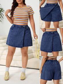 Solflare Plus Size Women Fashion Versatile Pocketed Denim Skirt Shorts - Dark Wash - View 1