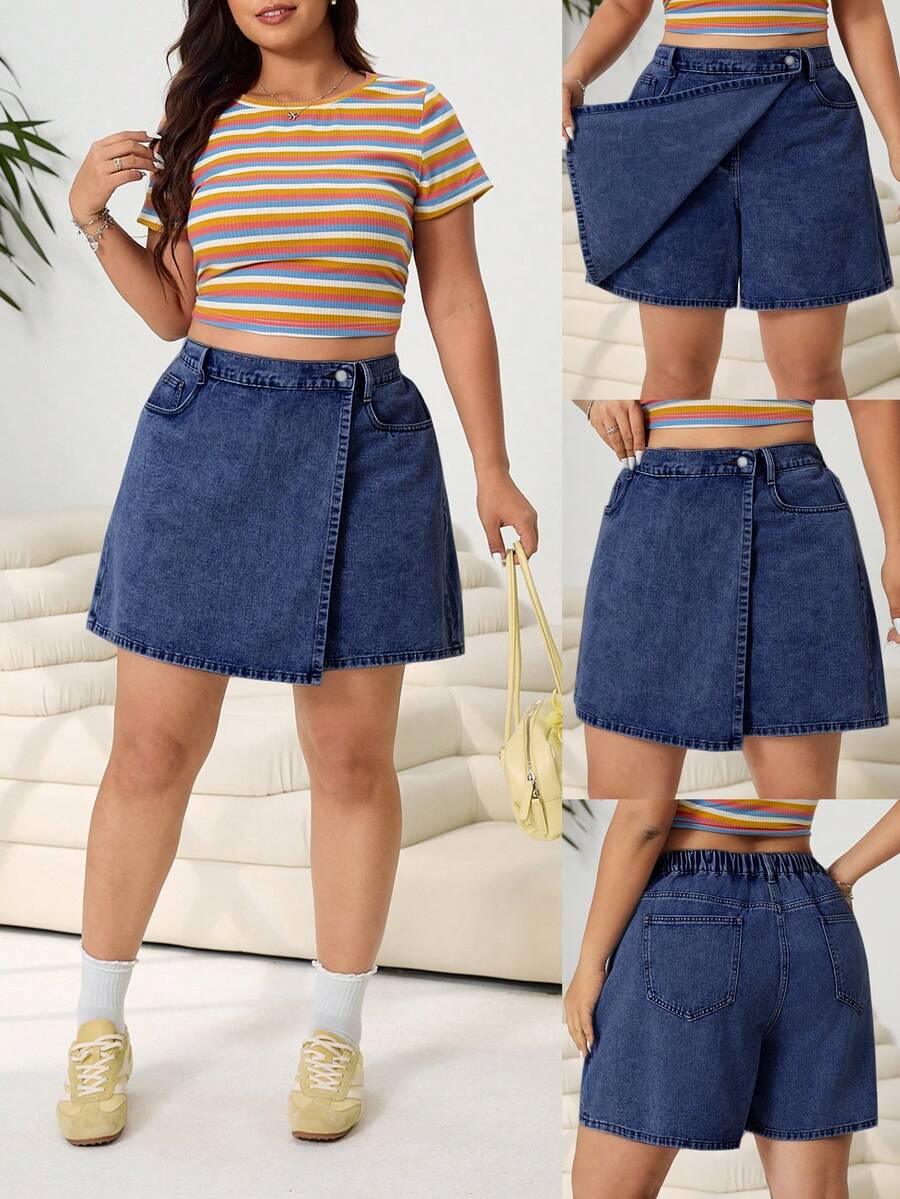 Solflare Plus Size Women Fashion Versatile Pocketed Denim Skirt Shorts - Dark Wash - View 1
