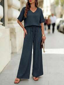 Editum Women's Summer Navy Blue Casual Everyday Solid Elegant Outfit,Textured Round Neck Short Sleeve Loose Top And Wide Leg Pants Set For Daily Vacation - Blue - View 7