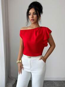 SHEIN Raffinéa Asymmetric Cold Shoulder Top/Ruffle Trim + Cold Shoulder, Fashionable, Elegant, Sexy Blouse - Red - View 4