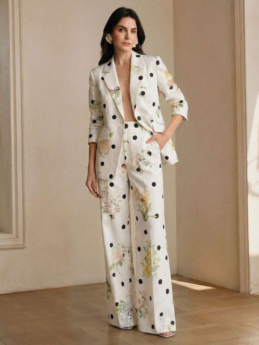 Anewsta 女士时尚高端波点花卉优雅修身西装裤,适合外出、派对、正式场合 - 白色 - 查看 1