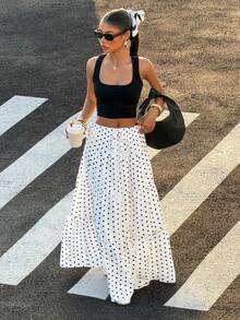 SHEIN PETITE CURVE Plus Size Summer Women Women's White Polka Dot Casual Vacation Skirt For Going Out Outfits, Streetwear, Y2K Clothes, Spring/Summer, White Boho Skirt, Summer Maxi Skirt - Black and White - View 4