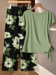 SHEIN Clasi Conjunto informal y romántico de pantalones de mujer de talla grande con estampado floral verde, conjunto de 2 piezas, atuendo de vacaciones, adecuado para el verano - Multicolor - Ver 2