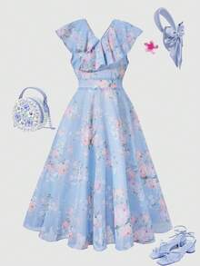 SHEIN Elladie kids 少女輕藍色花卉優雅V領荷葉領無袖高腰雪紡洋裝，夏季休閒派對畢業典禮婚禮正式禮服 - 紫色 - 查看 3