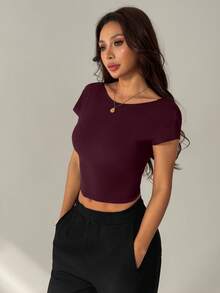 SHEIN PETITE Áo thun croptop hở lưng màu trơn phong cách đường phố dành cho nữ - Màu Đỏ Sâu - Xem 3