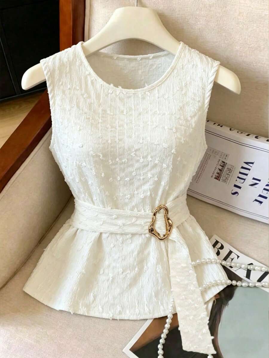 Elenzga Áo tank top không tay dệt kim họa tiết, thiết kế thắt lưng kim loại, kiểu dáng thanh lịch, thích hợp cho tiệc tùng, hàng mới về. - Màu be - Xem 1
