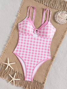 Swim Mod Women's One-Piece Plaid Swimsuit With Spaghetti Straps, Suitable For Beach Vacation, Spring/Summer - Pink - View 6