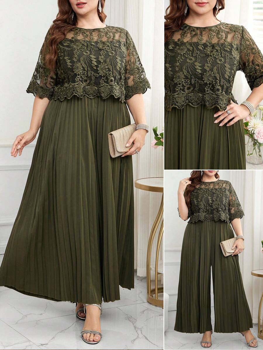 Reflora Mono ancho de pierna plisada con parches, bordados y malla elegante para mujer de talla grande, para verano - Verde - Ver 1