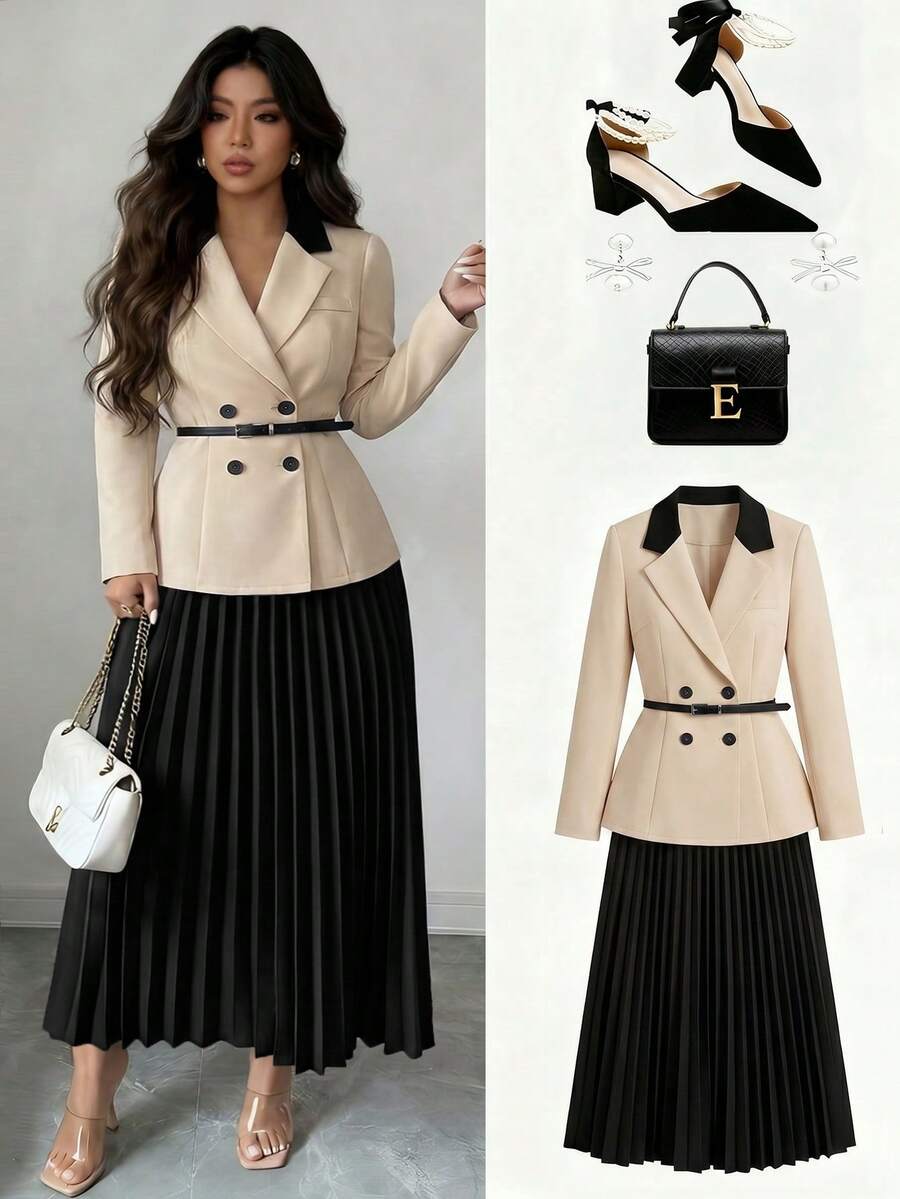 SHEIN CURVE+ Bộ đồ 2 món dành cho nữ cỡ lớn, kiểu dáng thường ngày, gồm áo blazer và chân váy midi xếp ly, phối màu tương phản. - Nhiều màu - Xem 1