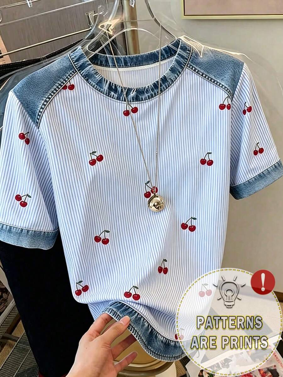 Franclia Décontracté et à la mode, t-shirt femme avec effet jean patchwork, imprimé rayé et cerise numérique, col rond - Bleu azur - Voir 1