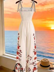 Breezaya Bộ jumpsuit xếp ly in hoa dành cho nữ, ống rộng. - Màu be - Xem 2