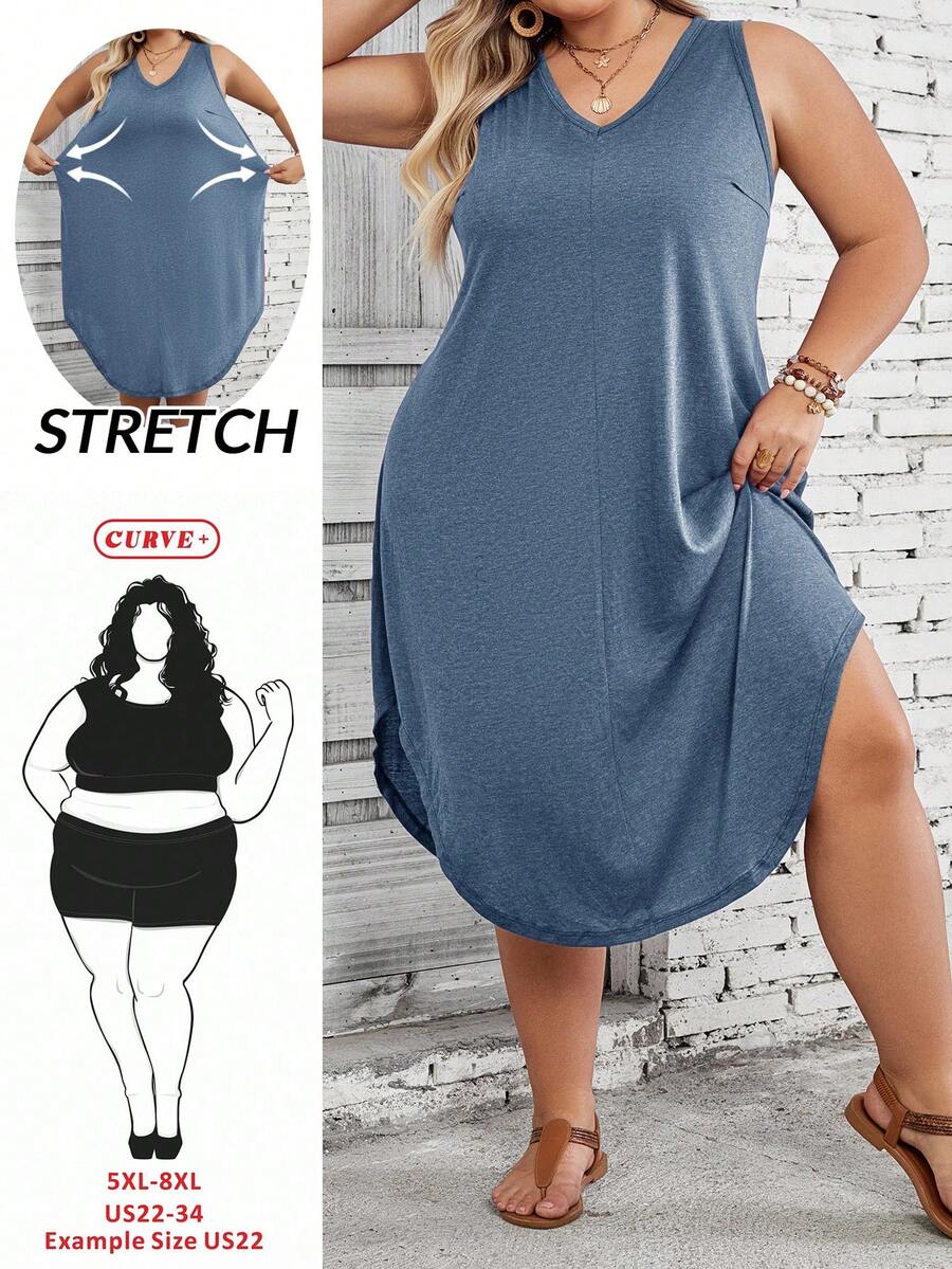 SHEIN CURVE+ Plus Size Women's Solid Color Curved Hem Vest Dress - Dusty Blue - View 1