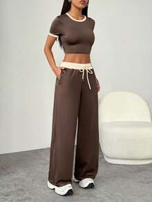SHEIN PETITE Women's Fashion Versatile Color Block Short Sleeve T-Shirt And Drawstring Waist Pocket Long Pants 2-Piece Set - Coffee Brown - View 5