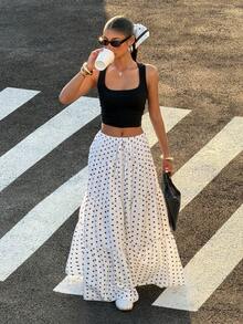 SHEIN PETITE CURVE Plus Size Summer Women Women's White Polka Dot Casual Vacation Skirt For Going Out Outfits, Streetwear, Y2K Clothes, Spring/Summer, White Boho Skirt, Summer Maxi Skirt - Black and White - View 7