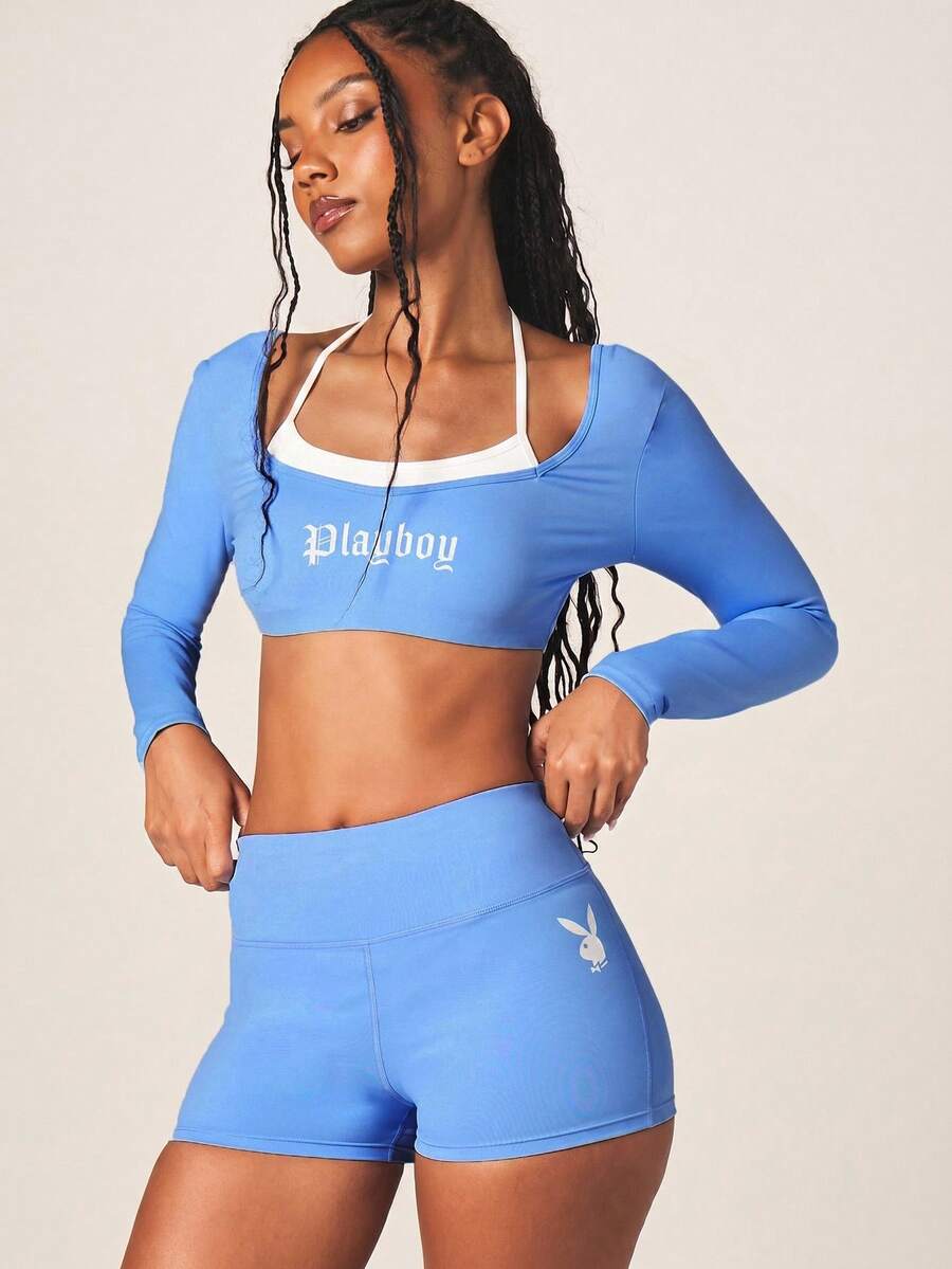 Missguided x Playboy Women's Light Blue Long Sleeve Crop Top And High Rise Shorts Two Piece Athletic Set - Blue - View 1