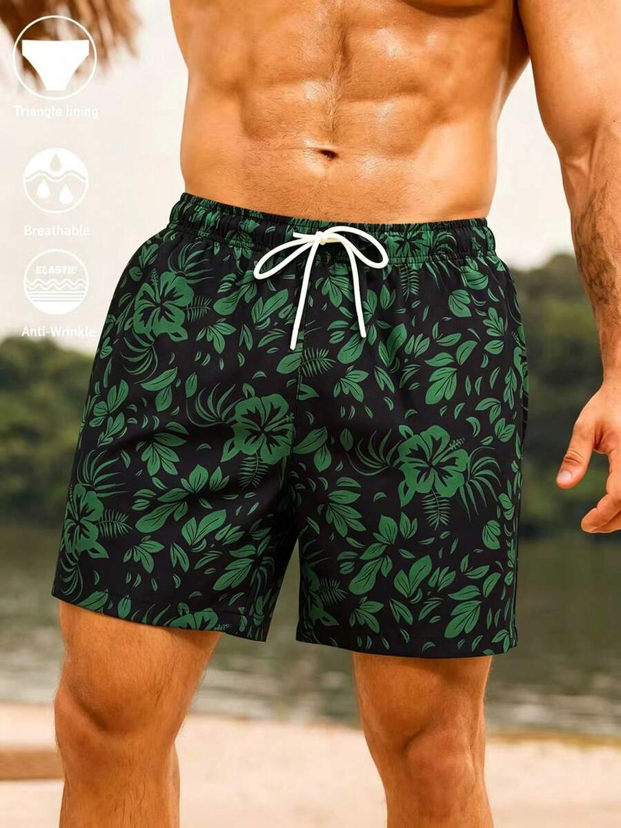 Manfinity KASUA Men's Floral Print Drawstring Waist Beach Shorts, Holiday - Green - View 1