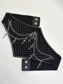ROMWE Goth 1件裝女款黑色鏈條裝飾腰封，日常穿著/派對穿著，哥德龐克風波點十字邊珠飾蕾絲雙鏈裝飾，PU布料＋波點布料，蕾絲波點腰封 - 黑絲蕾絲波點鏈條束腰 - 查看 9