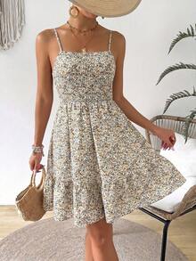 SHEIN VCAY Đầm hai dây in họa tiết tối giản dành cho nữ - Vàng nhạt - Xem 3