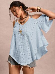 Freevana Plus Size Solid Color Minimalist Off-Shoulder T-Shirt - Baby Blue - View 5