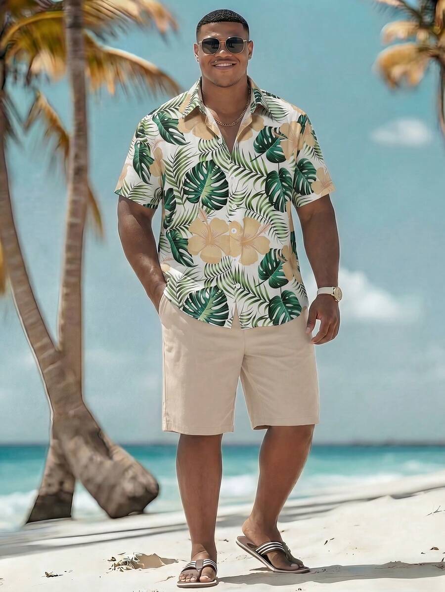 Oro Vacation Conjunto de pantalón corto y top de manga corta con estampado de hojas para hombre talla grande, atuendo casual de playa y vacaciones - Multicolor - Ver 1