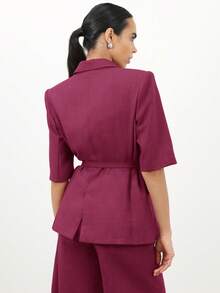 KSTM Women's Short Sleeve Belted Blazer With Notched Lapels And Button Front Professional Office Workwear Jacket With Belt Detail - Hot Pink - View 2