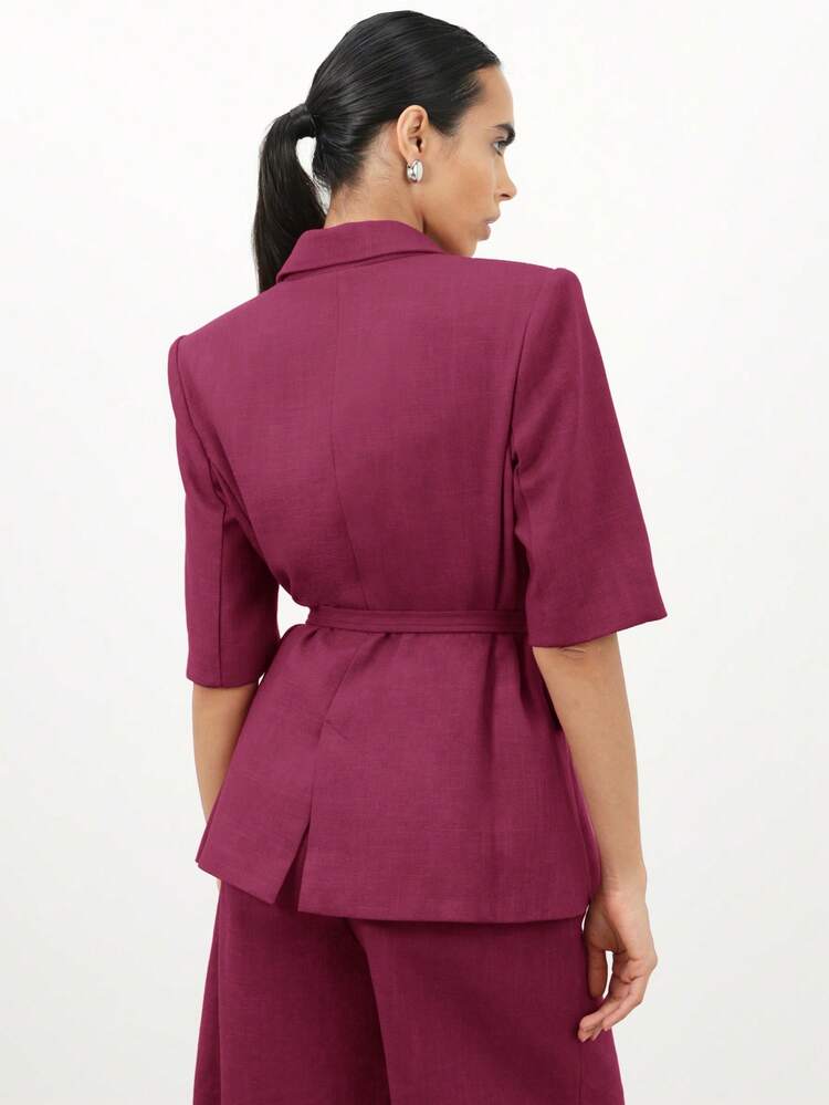 KSTM Blazer court à manches courtes pour femmes avec ceinture, revers cranté et boutons devant. Veste de tenue de bureau professionnelle avec détail de ceinture