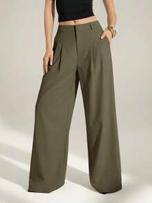 Tall Pantalones anchos de cintura alta plisados de estilo empresarial sexy y casual - Pantalones sueltos de unicolor elegante, ropa profesional de oficina, pantalones de trabajo con co - Verde militar - Ver 3