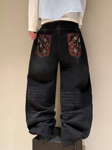 STEELVANCE Quần jeans ống đứng dáng rộng thoải mái với họa tiết râu mèo cổ điển, thời trang và dễ phối đồ. - màu đen - Xem 6